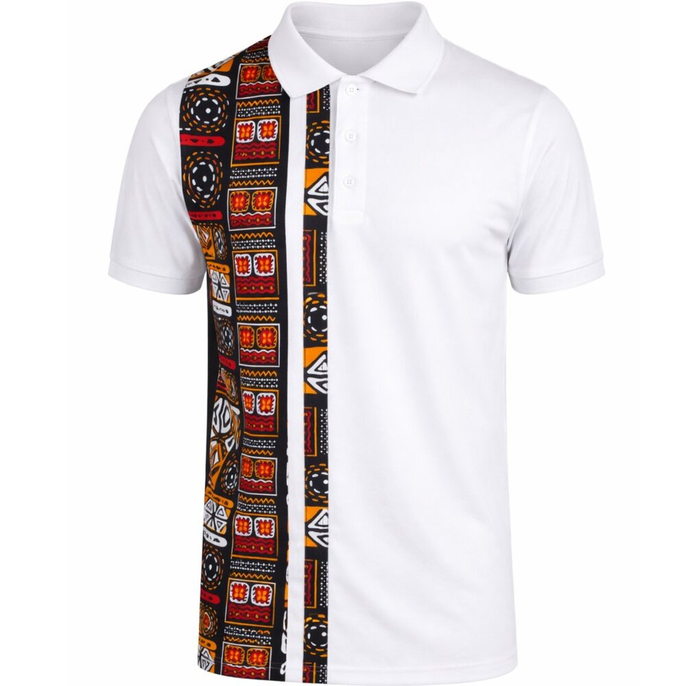 Men's White Polo Shirt with African Print